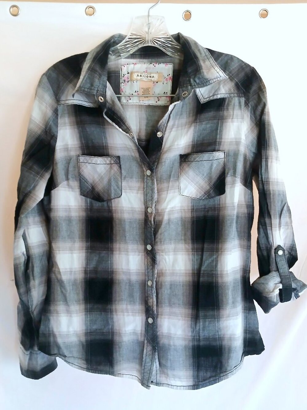 Arizona Black Gray White Plaid Pearl Snap Shirt Top L Western Rustic Rockabilly